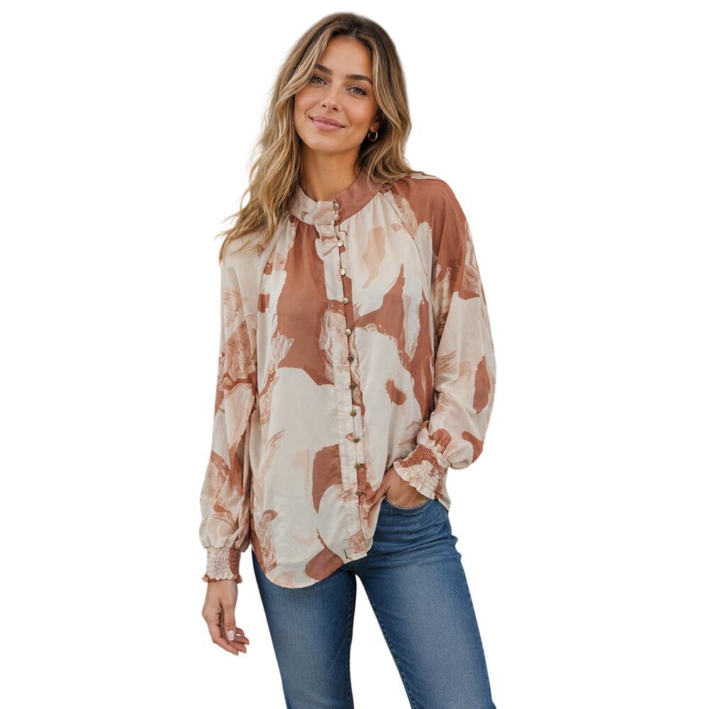 Zesica sz S oversized watercolor swirl blush pink peasant sleeves button up NWOT